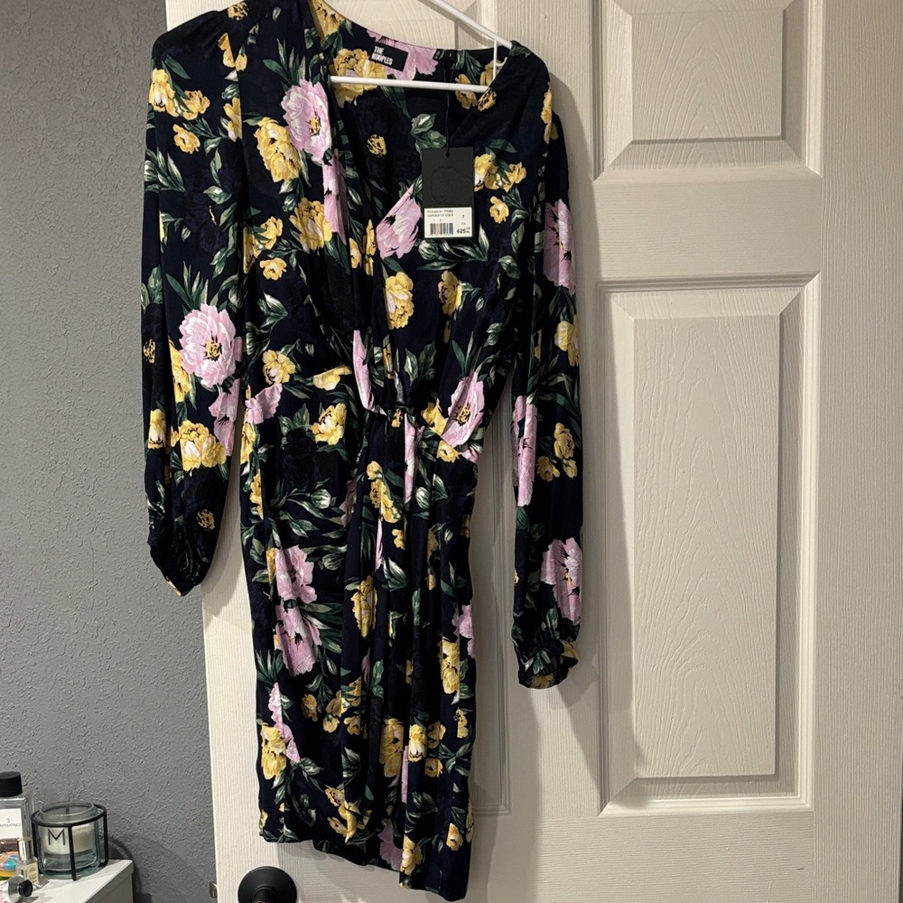 The Kooples Black Long-Sleeve Floral Wrap Dress with Pink & Yellow Flowers